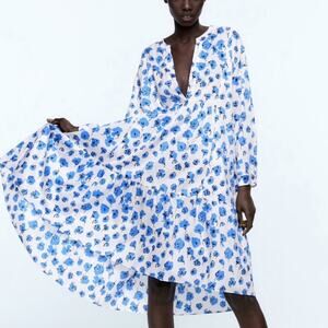 Zara Blue White Floral Print Asymmetric Cotton Dress.